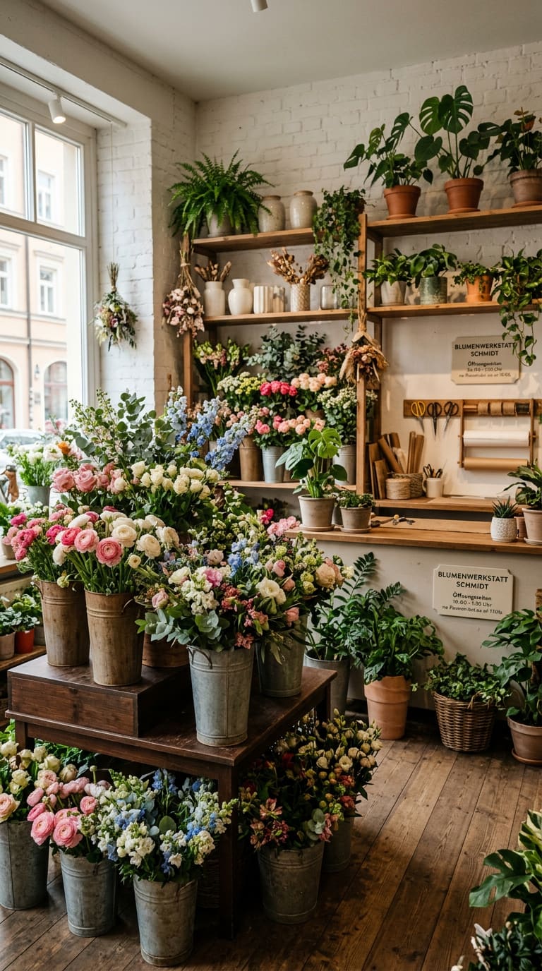Blumenladen mit frischen Sträußen und Pflanzen